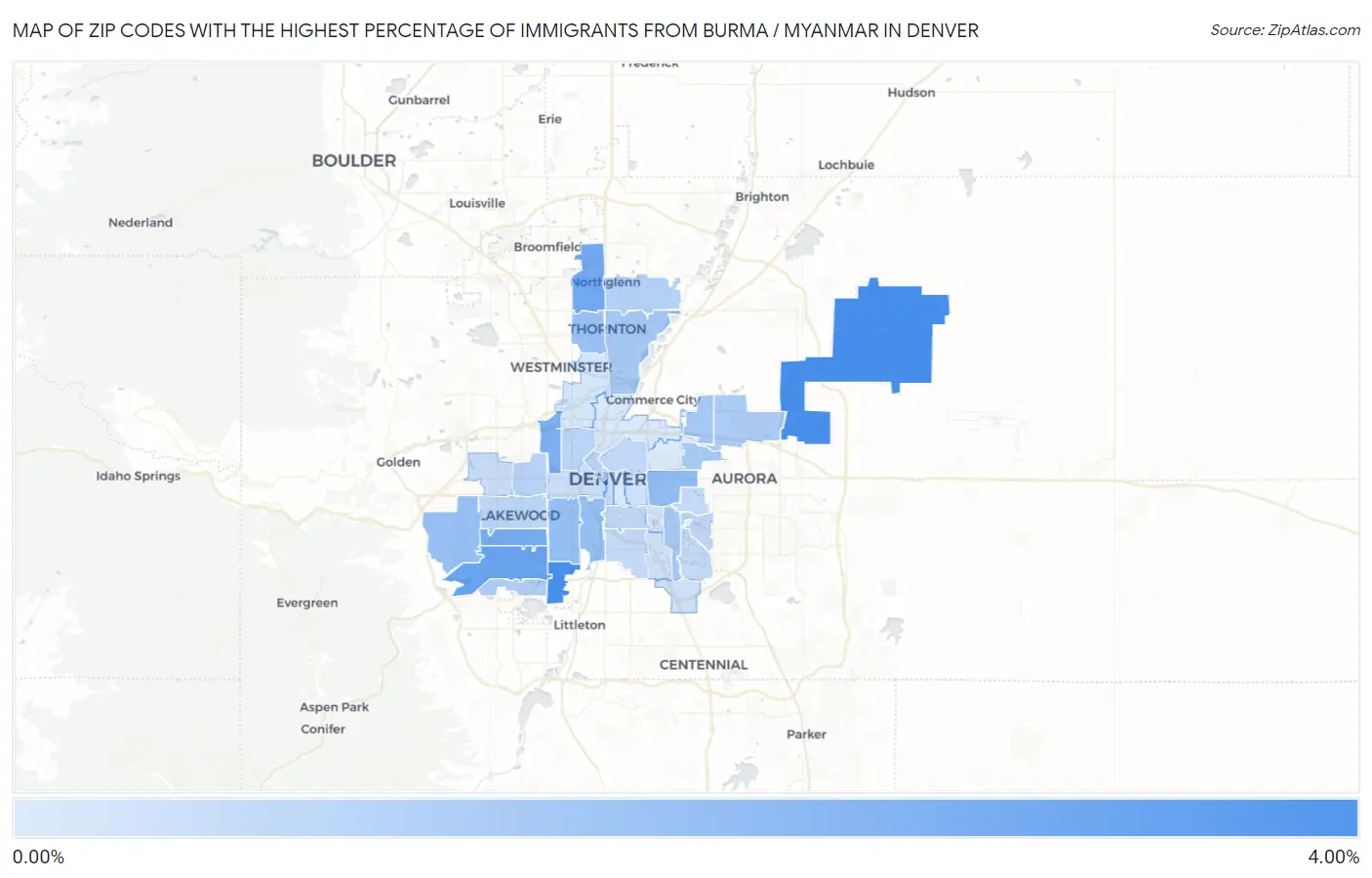 Zip Codes with the Highest Percentage of Immigrants from Burma / Myanmar in Denver Map