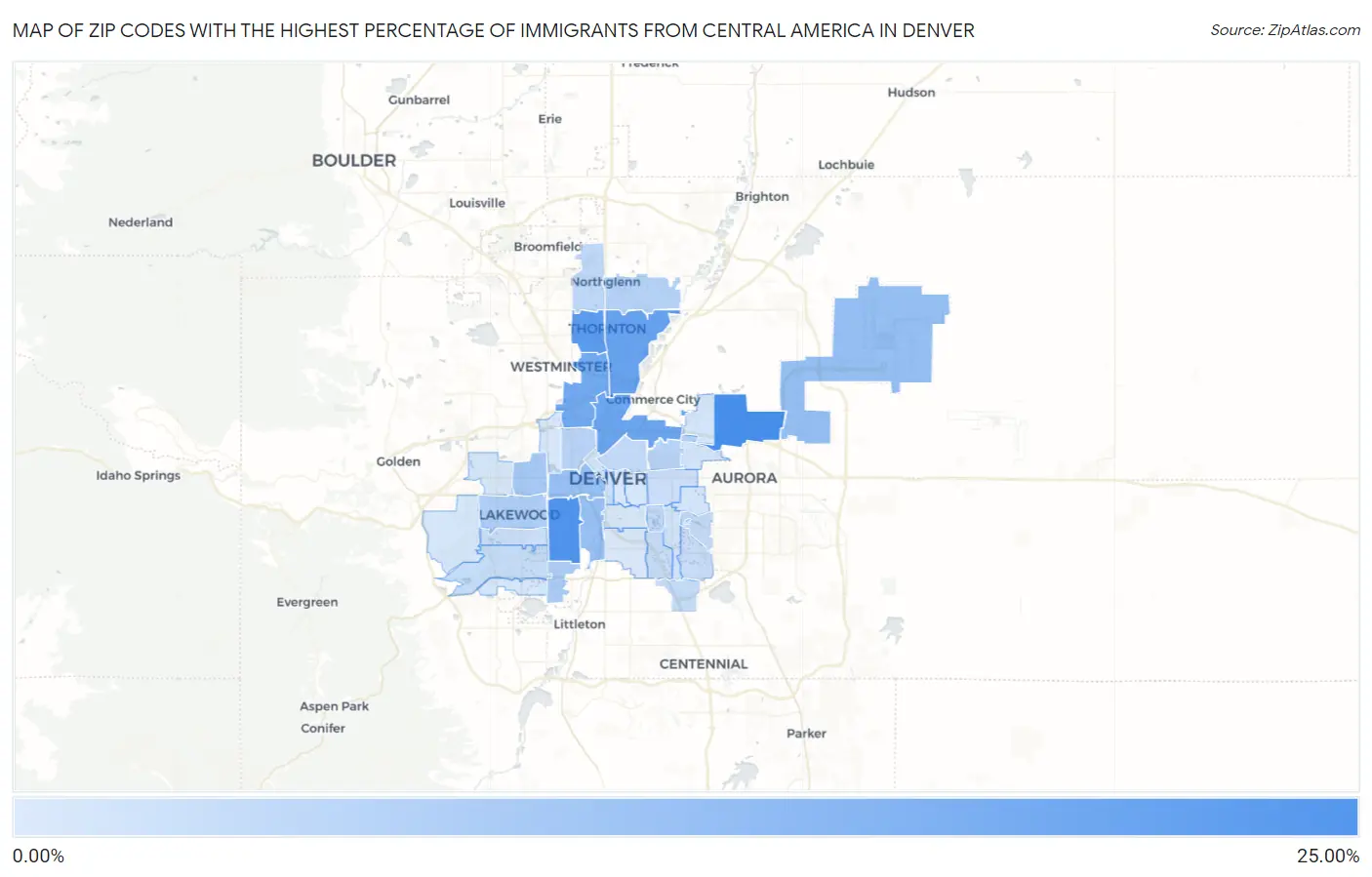 Zip Codes with the Highest Percentage of Immigrants from Central America in Denver Map