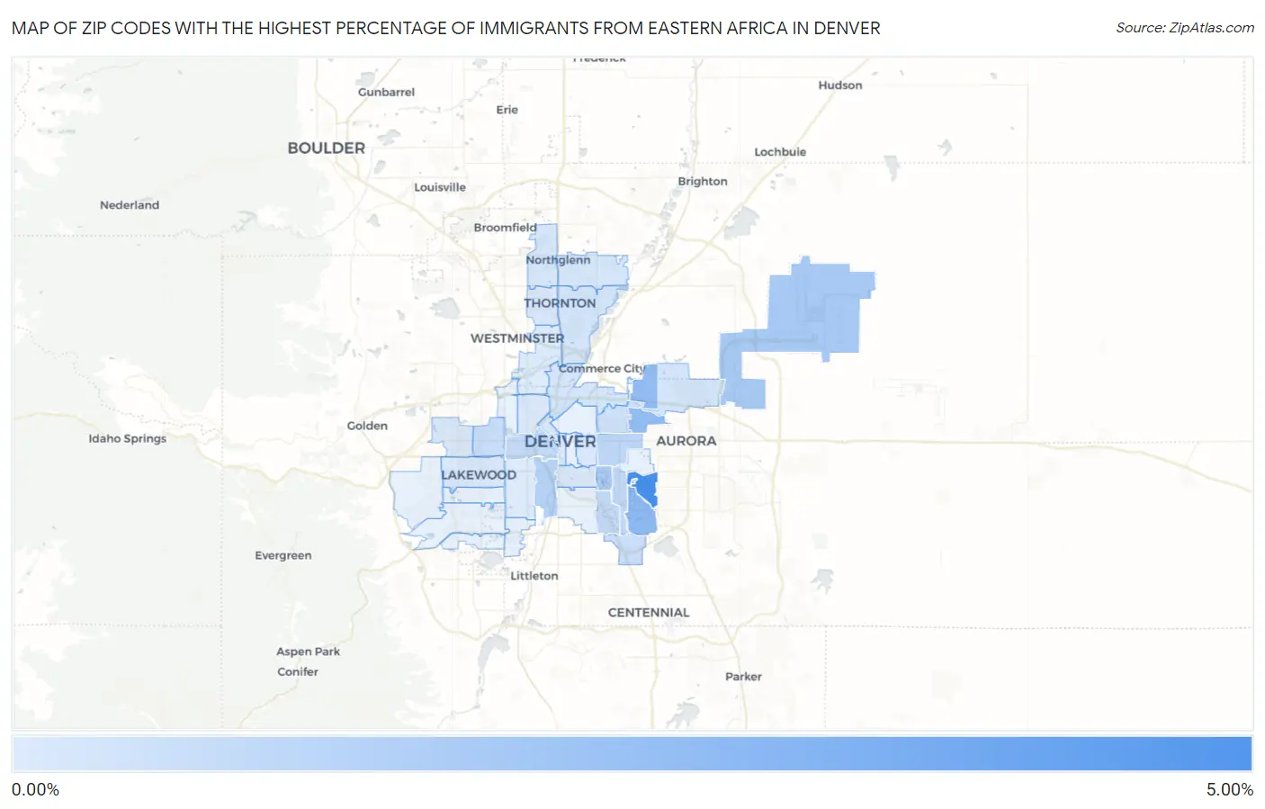 Zip Codes with the Highest Percentage of Immigrants from Eastern Africa in Denver Map