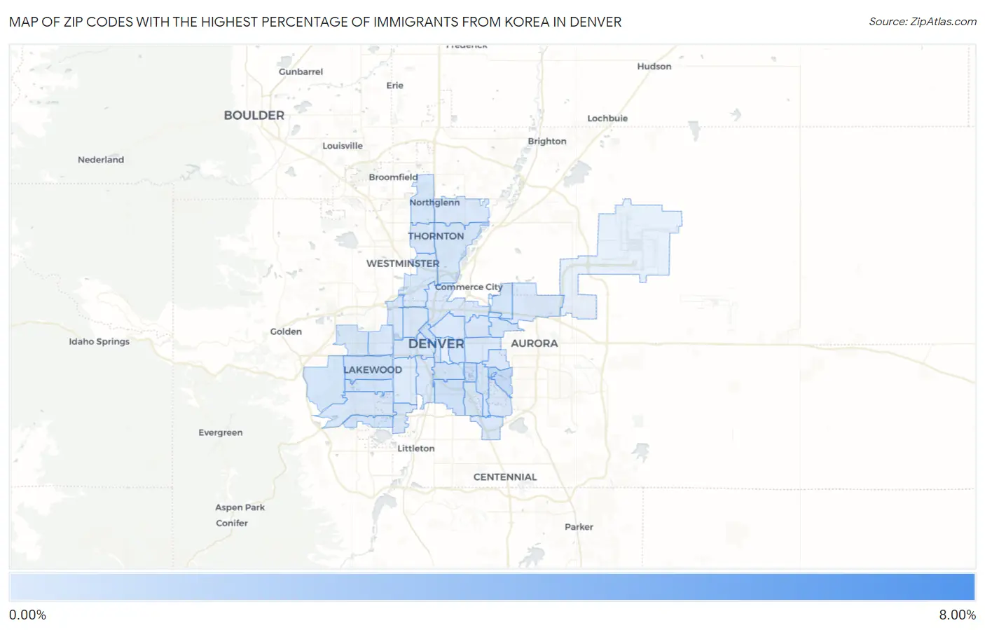 Zip Codes with the Highest Percentage of Immigrants from Korea in Denver Map