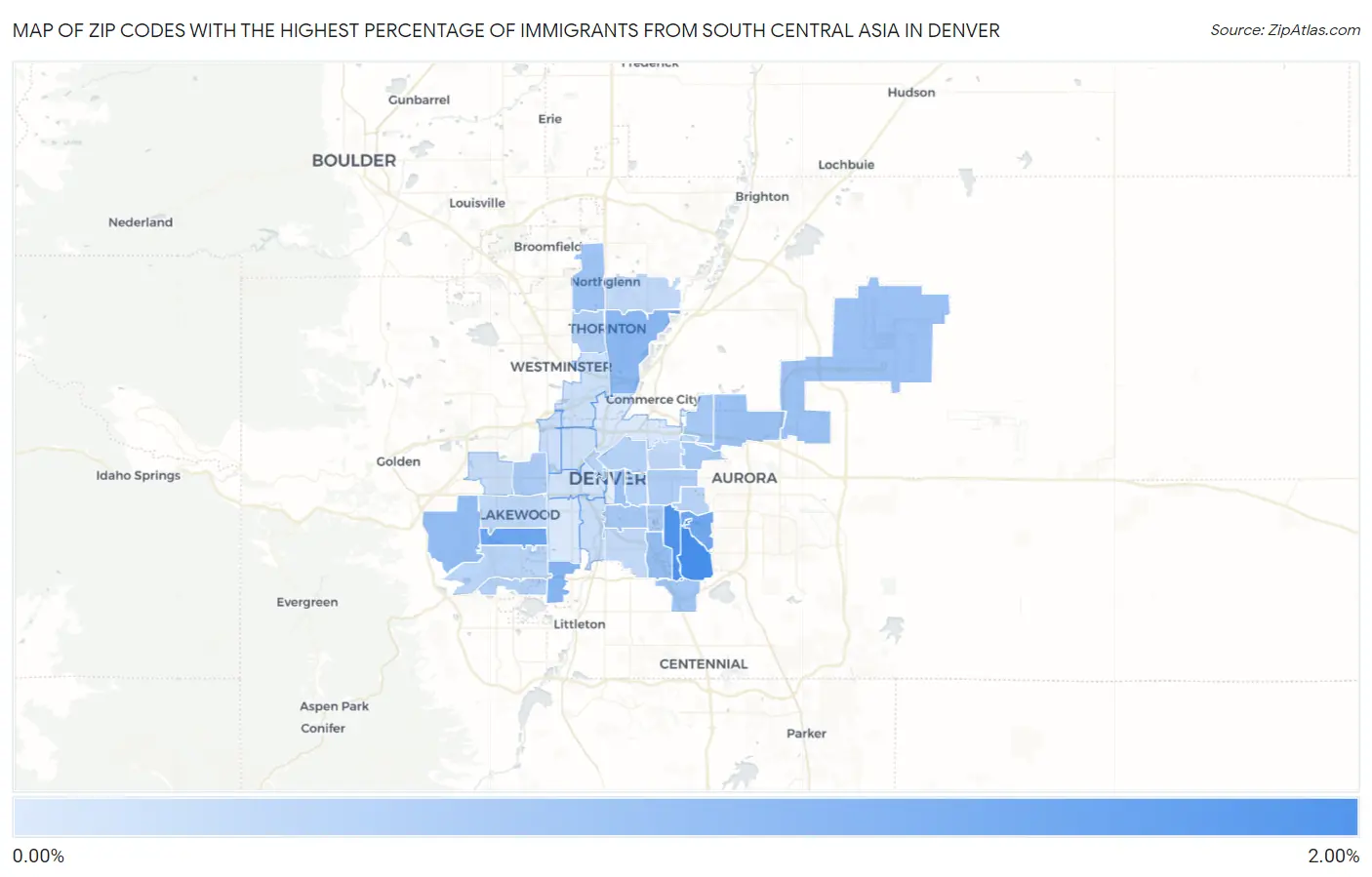 Zip Codes with the Highest Percentage of Immigrants from South Central Asia in Denver Map