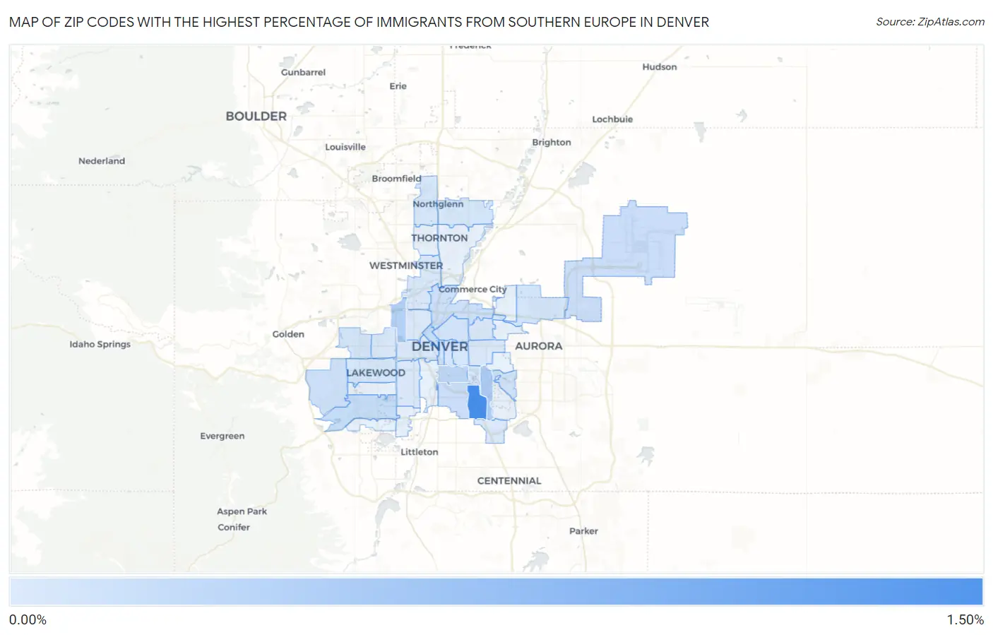 Zip Codes with the Highest Percentage of Immigrants from Southern Europe in Denver Map