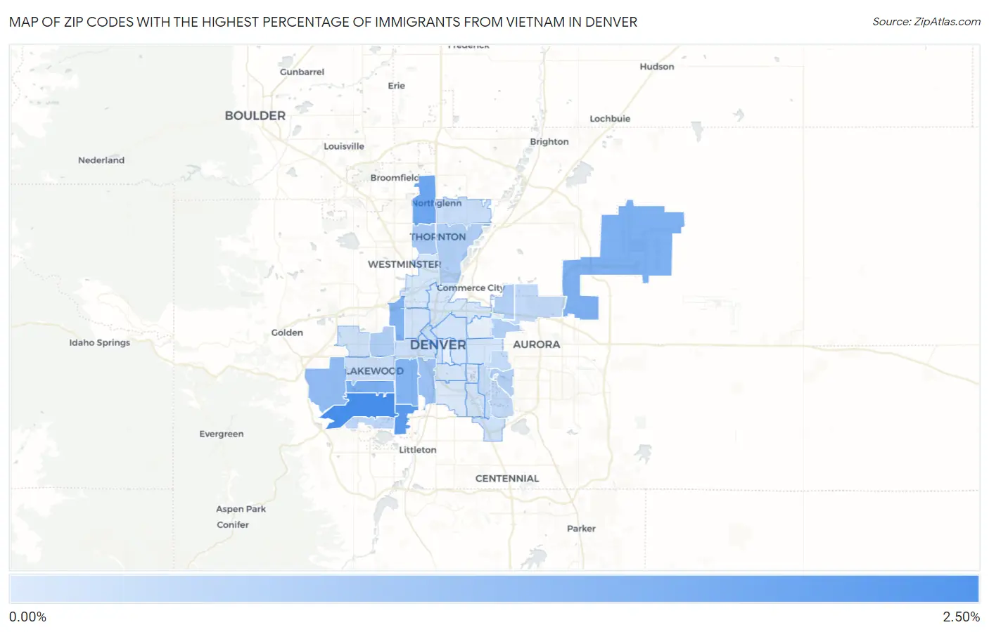 Zip Codes with the Highest Percentage of Immigrants from Vietnam in Denver Map