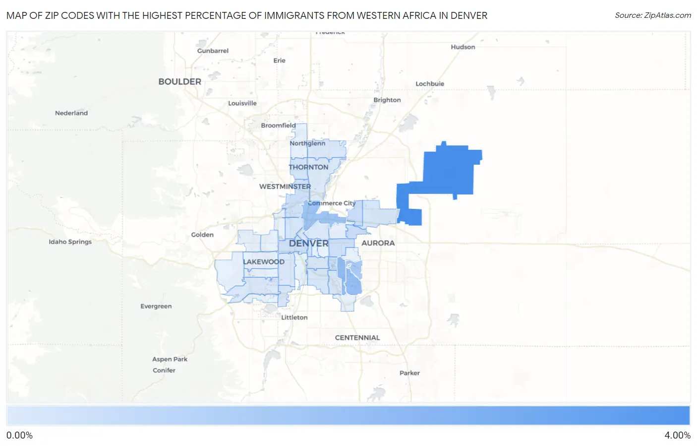 Zip Codes with the Highest Percentage of Immigrants from Western Africa in Denver Map