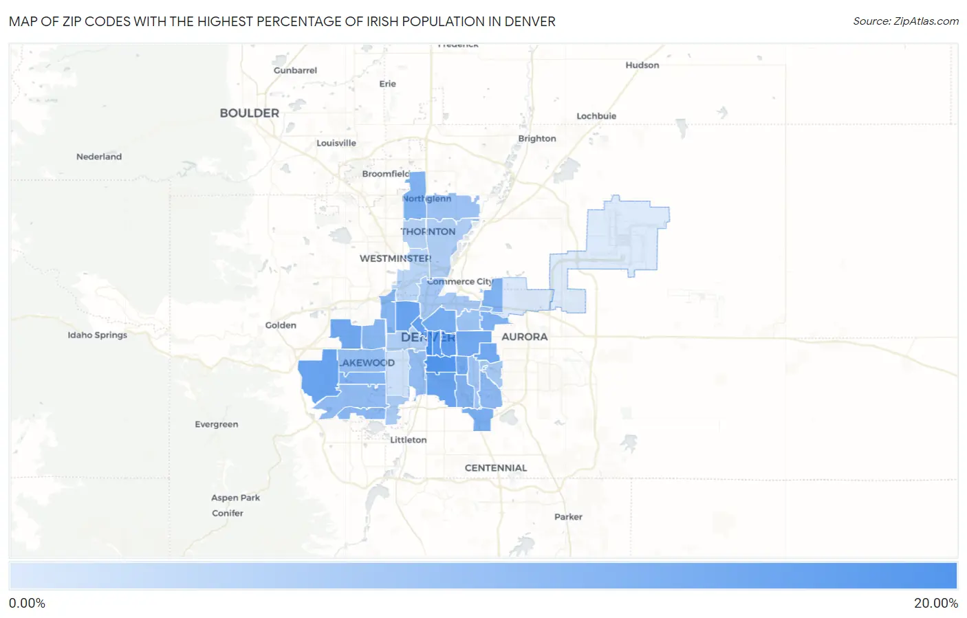 Zip Codes with the Highest Percentage of Irish Population in Denver Map