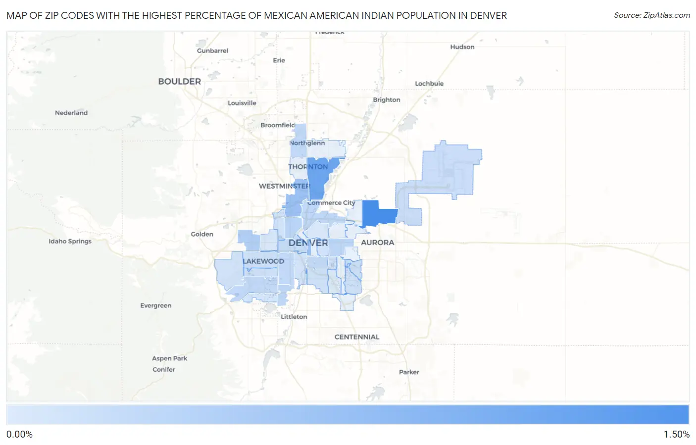 Zip Codes with the Highest Percentage of Mexican American Indian Population in Denver Map