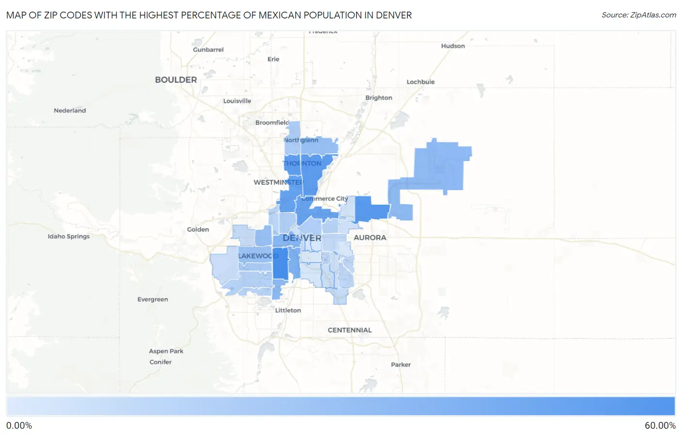 Zip Codes with the Highest Percentage of Mexican Population in Denver Map