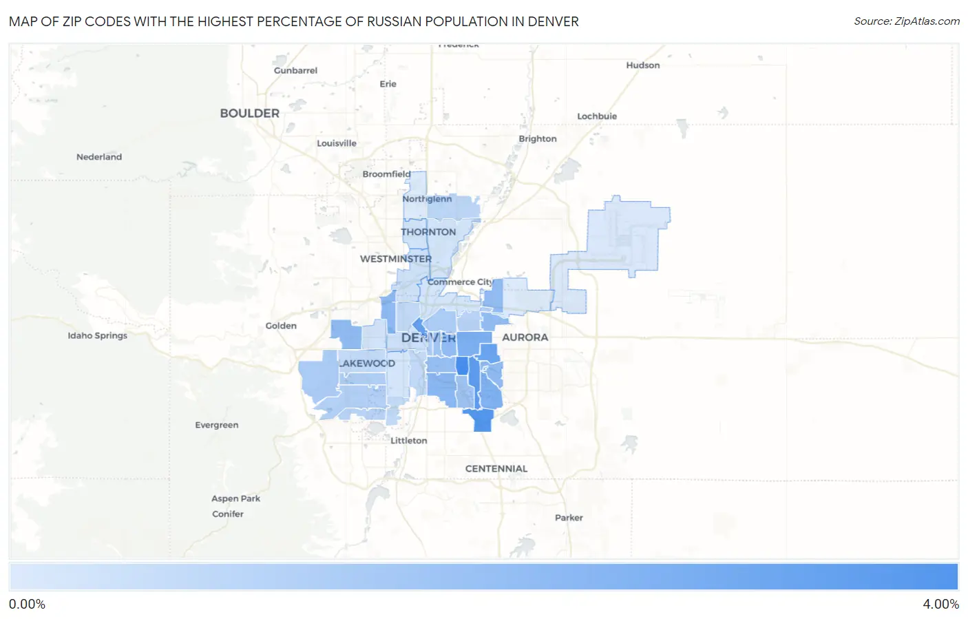 Zip Codes with the Highest Percentage of Russian Population in Denver Map