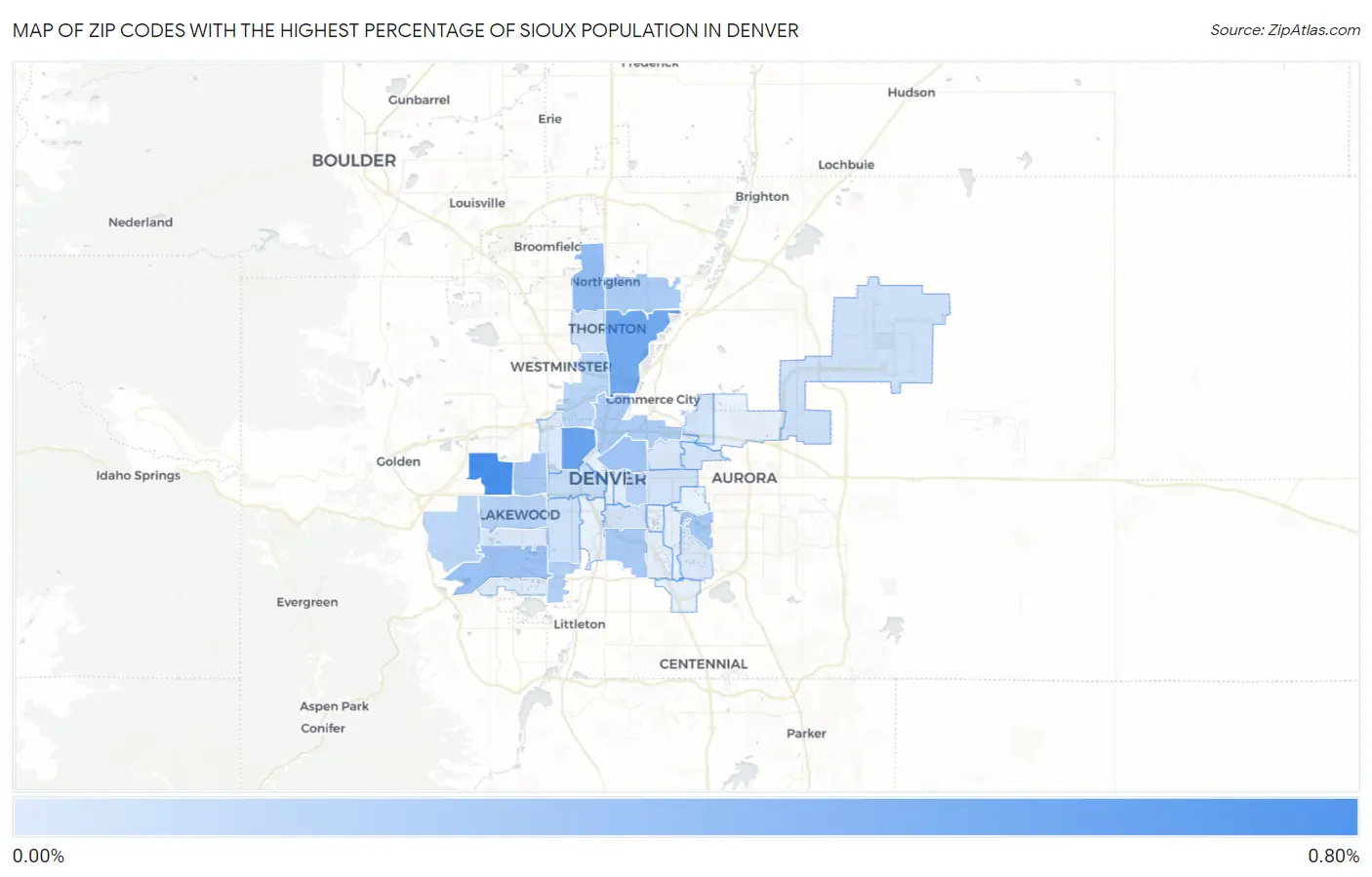 Zip Codes with the Highest Percentage of Sioux Population in Denver Map