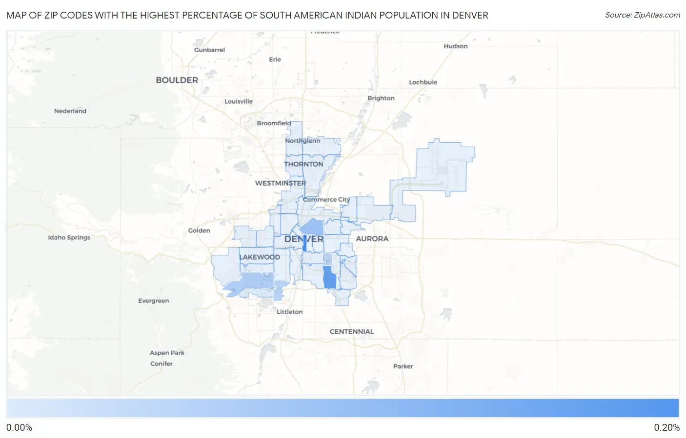 Zip Codes with the Highest Percentage of South American Indian Population in Denver Map
