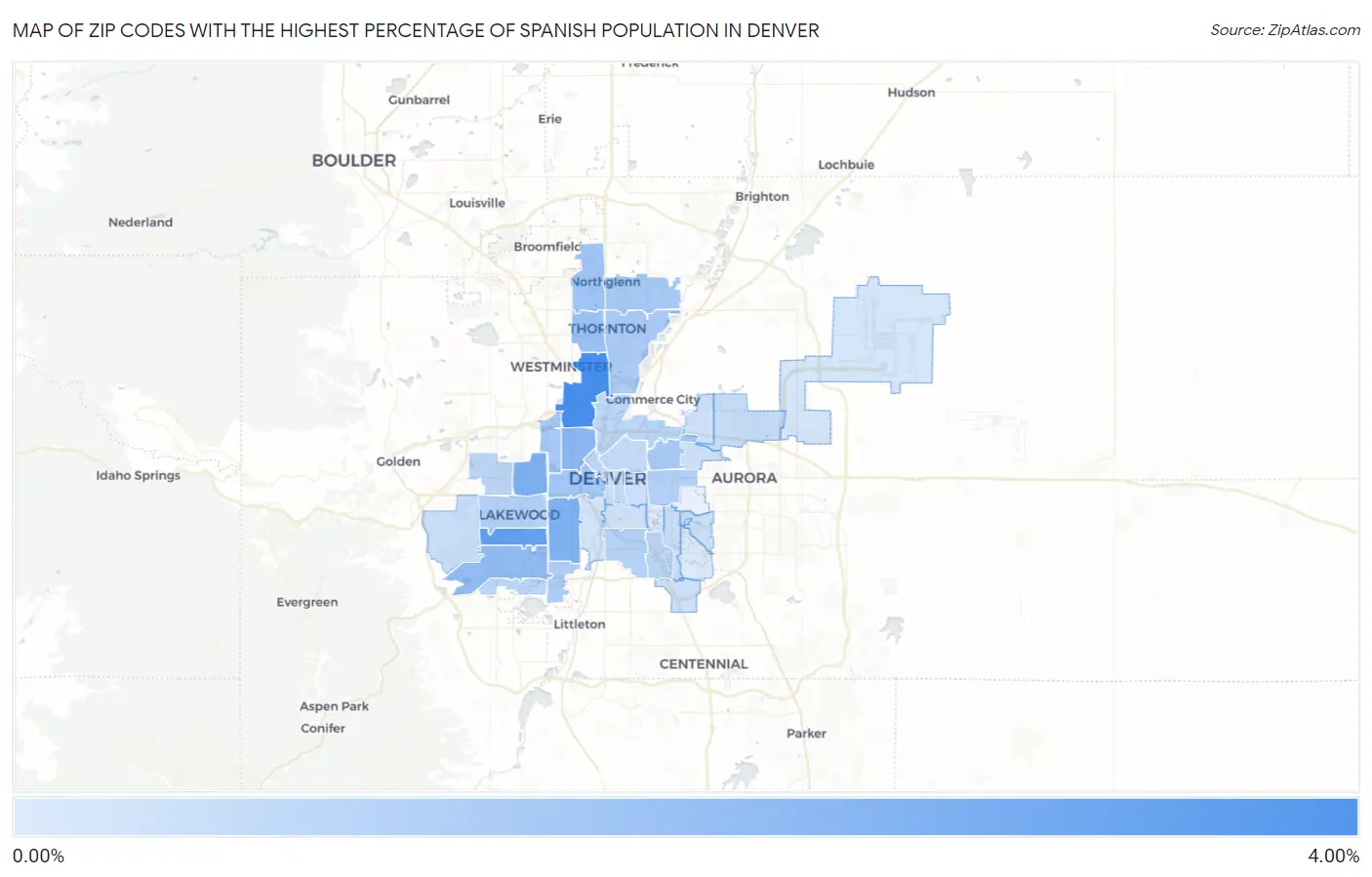 Zip Codes with the Highest Percentage of Spanish Population in Denver Map