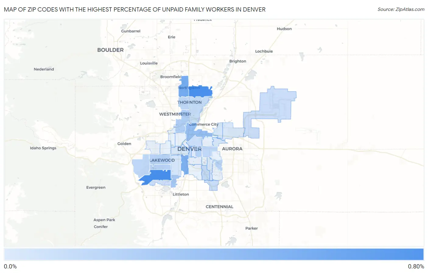 Zip Codes with the Highest Percentage of Unpaid Family Workers in Denver Map