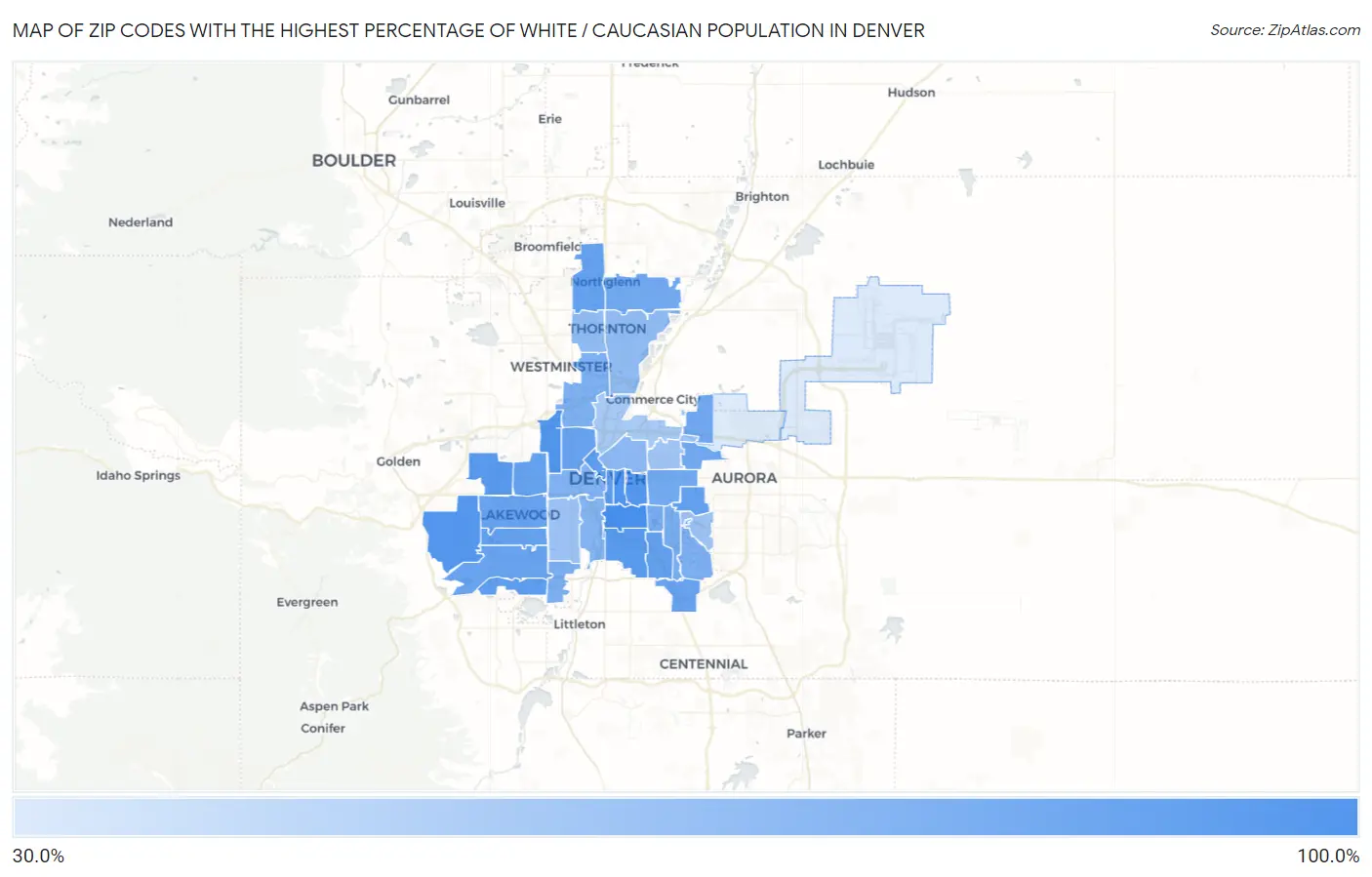 Zip Codes with the Highest Percentage of White / Caucasian Population in Denver Map