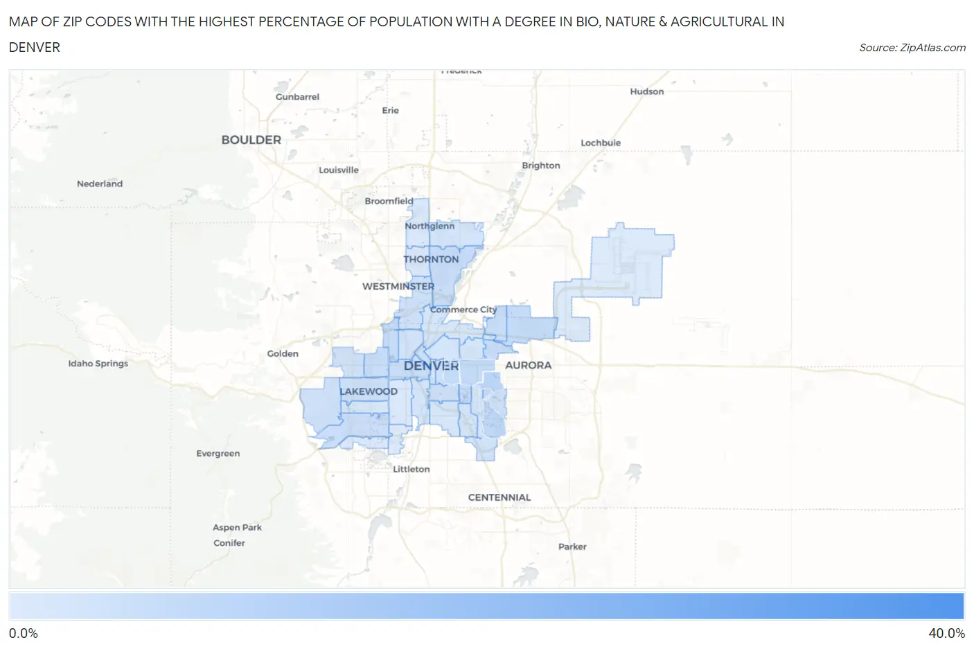 Zip Codes with the Highest Percentage of Population with a Degree in Bio, Nature & Agricultural in Denver Map