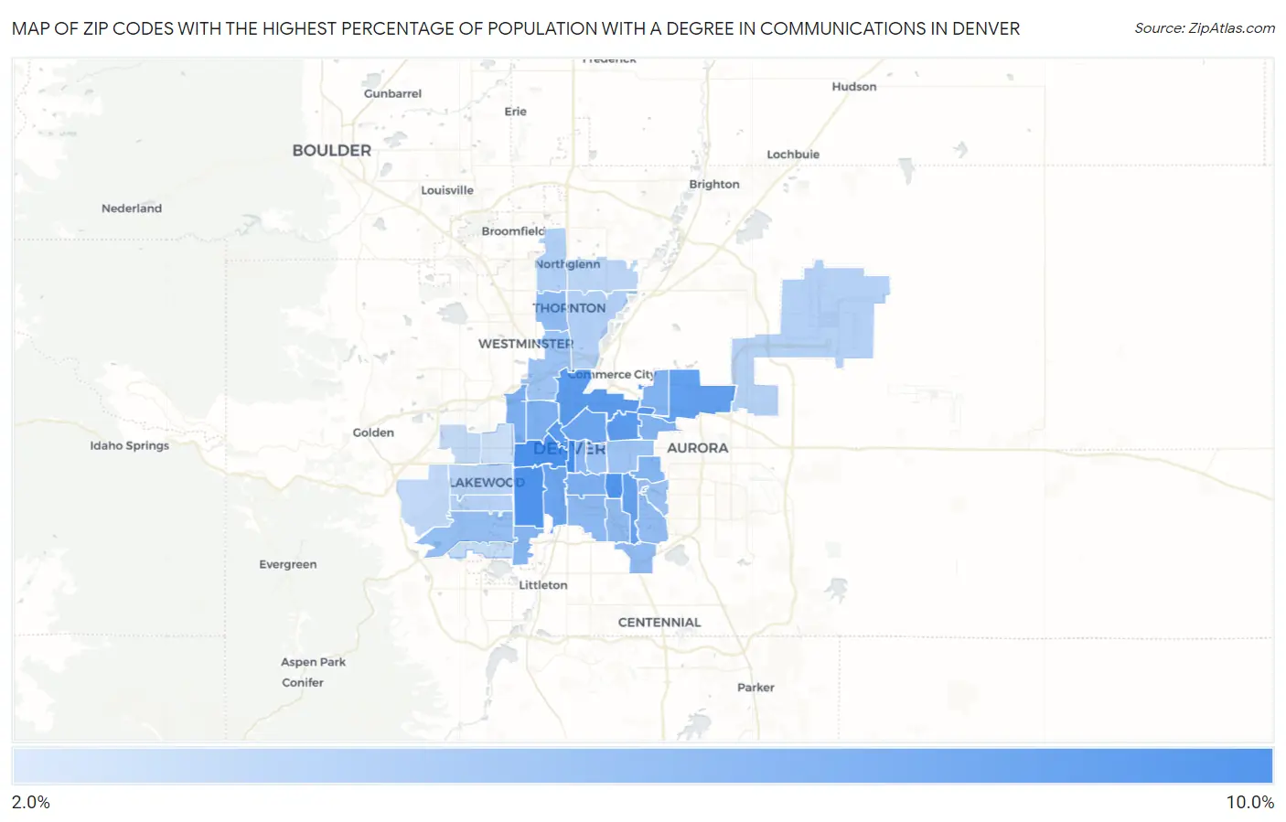 Zip Codes with the Highest Percentage of Population with a Degree in Communications in Denver Map