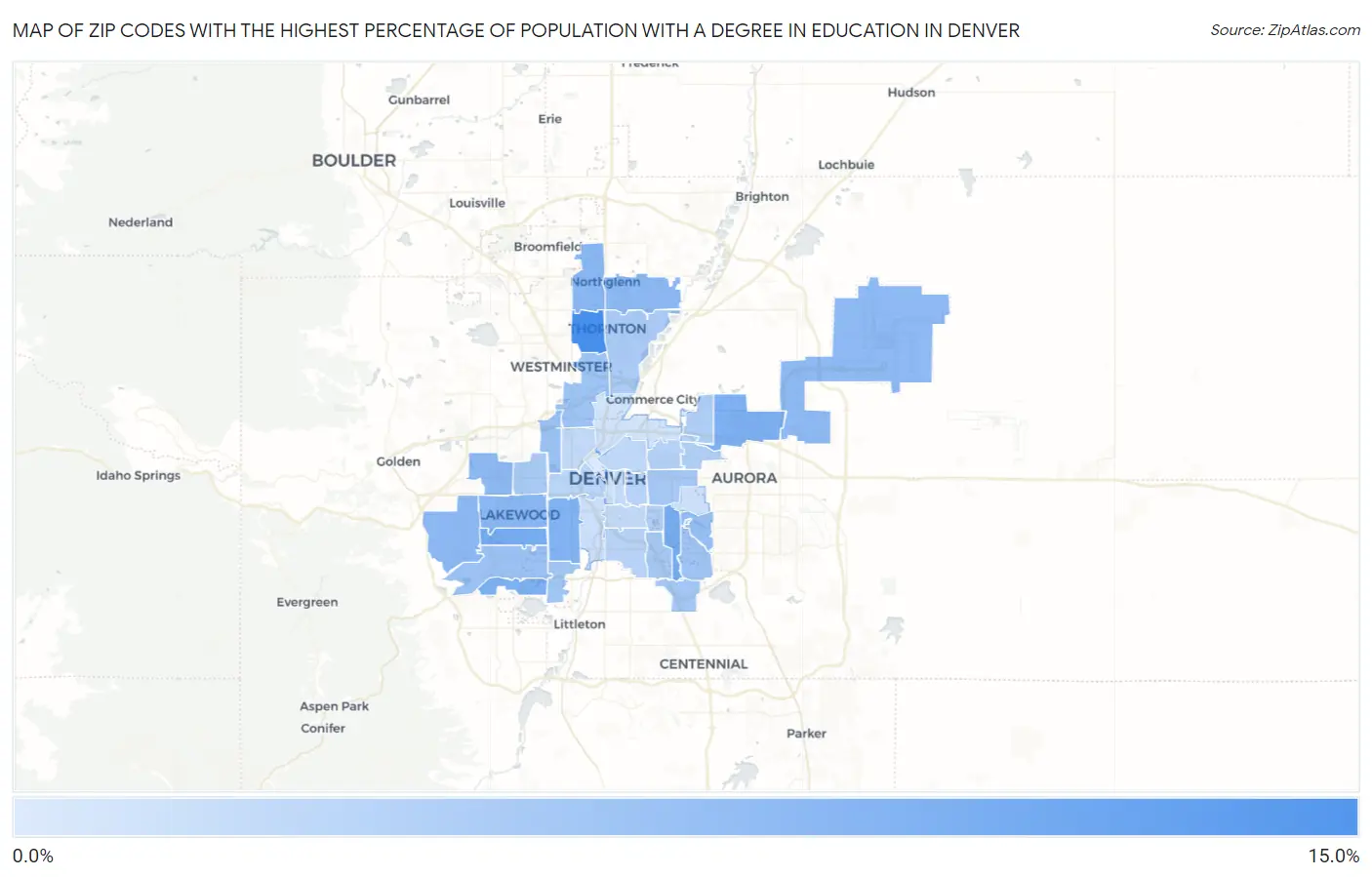 Zip Codes with the Highest Percentage of Population with a Degree in Education in Denver Map