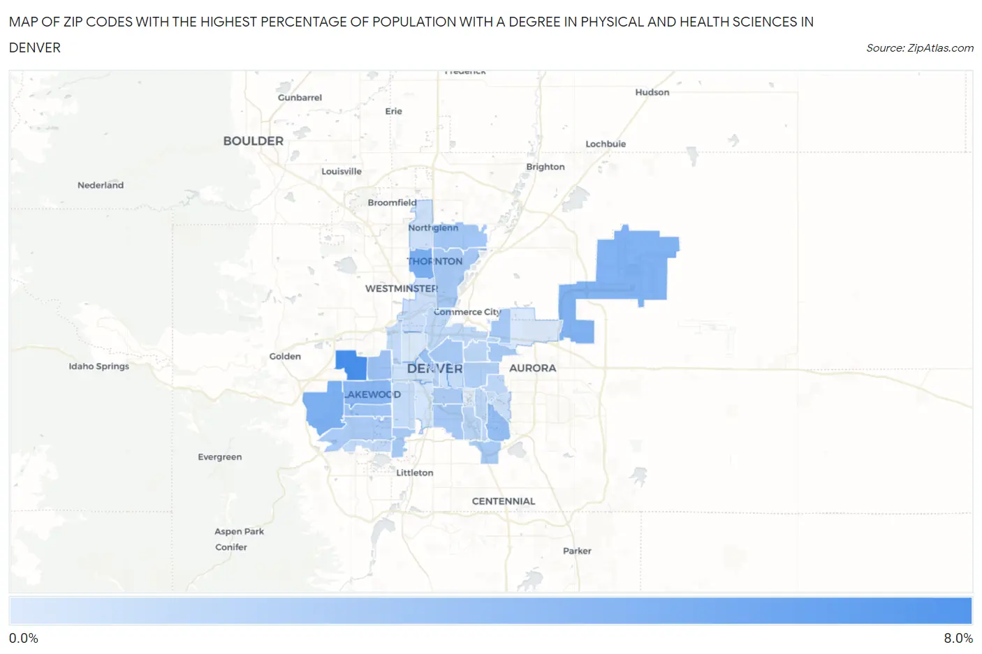 Zip Codes with the Highest Percentage of Population with a Degree in Physical and Health Sciences in Denver Map