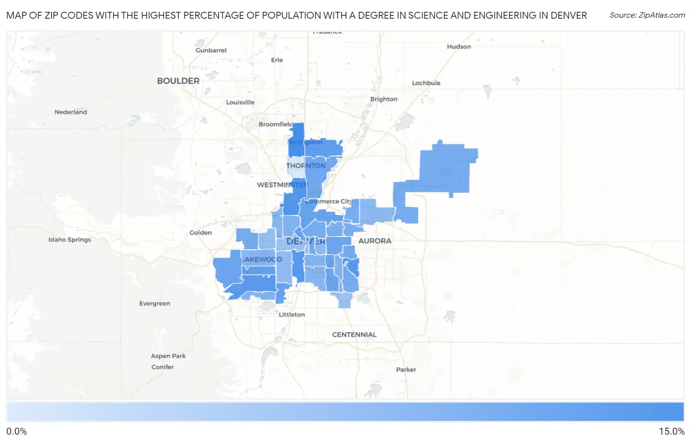 Zip Codes with the Highest Percentage of Population with a Degree in Science and Engineering in Denver Map