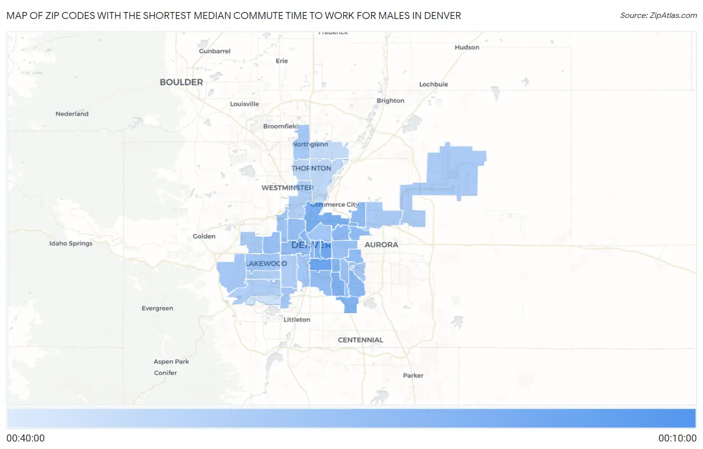 Zip Codes with the Shortest Median Commute Time to Work for Males in Denver Map