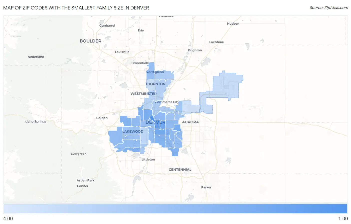 Zip Codes with the Smallest Family Size in Denver Map