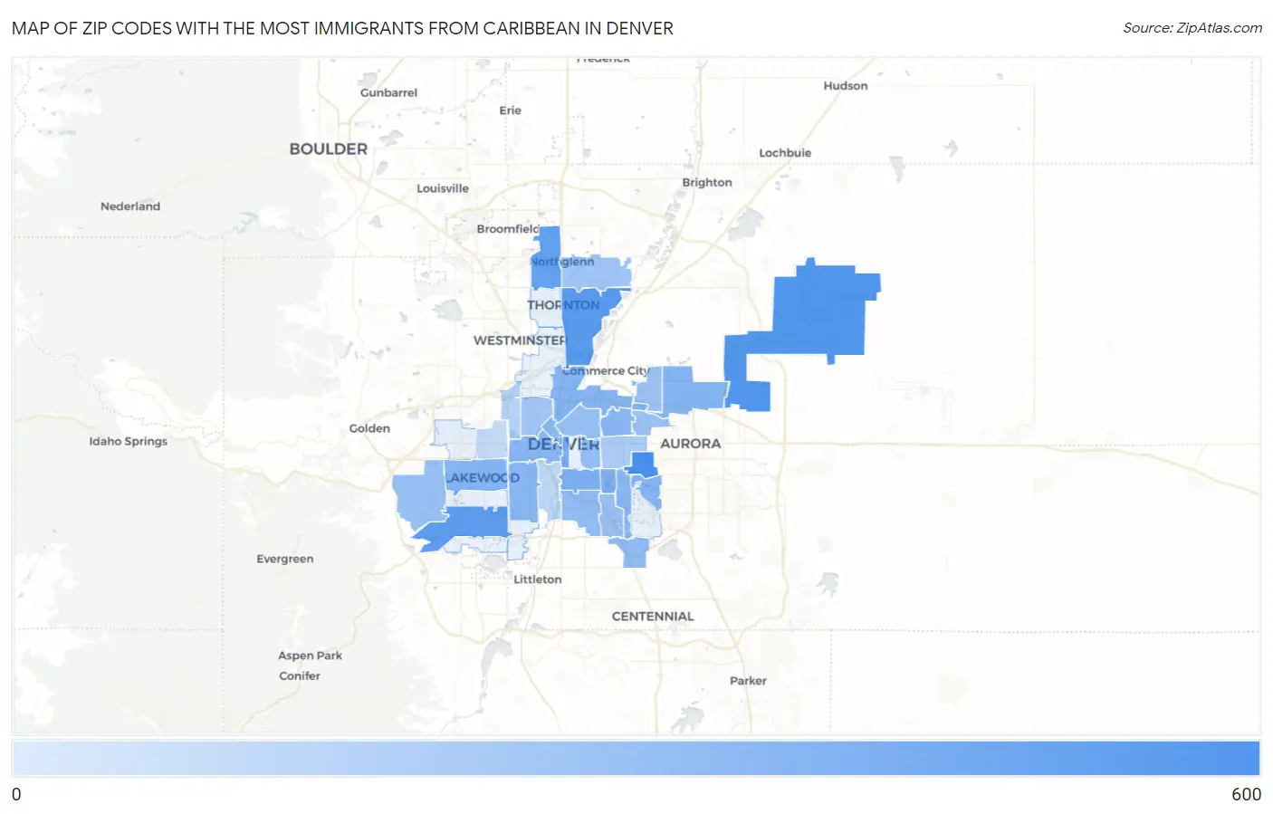 Zip Codes with the Most Immigrants from Caribbean in Denver Map