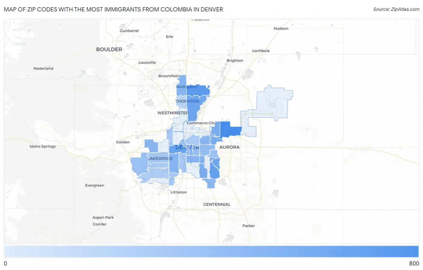 Zip Codes with the Most Immigrants from Colombia in Denver Map