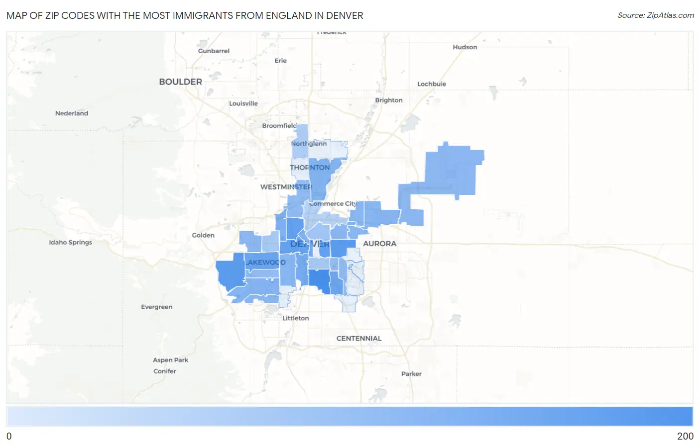 Zip Codes with the Most Immigrants from England in Denver Map