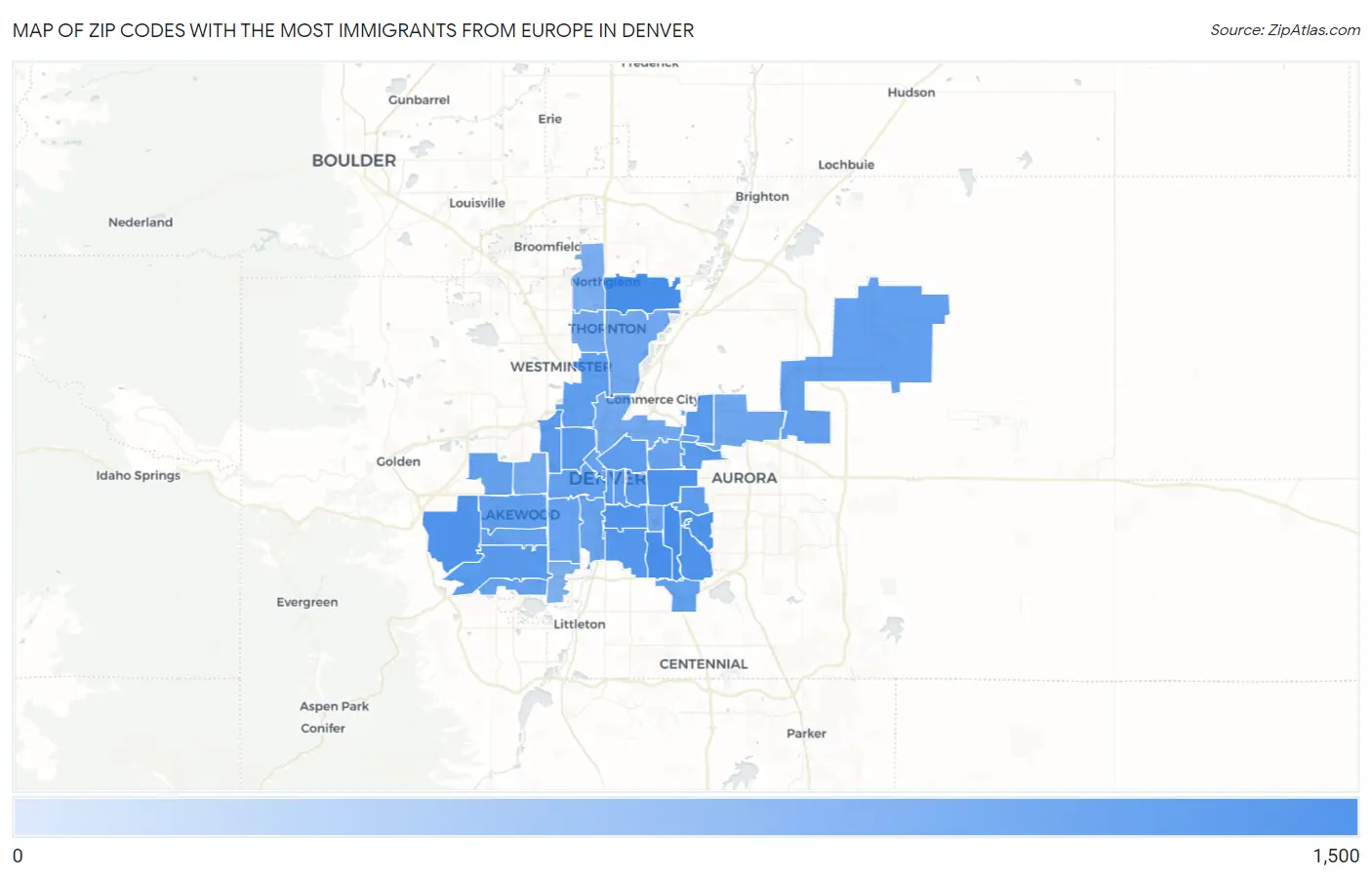 Zip Codes with the Most Immigrants from Europe in Denver Map