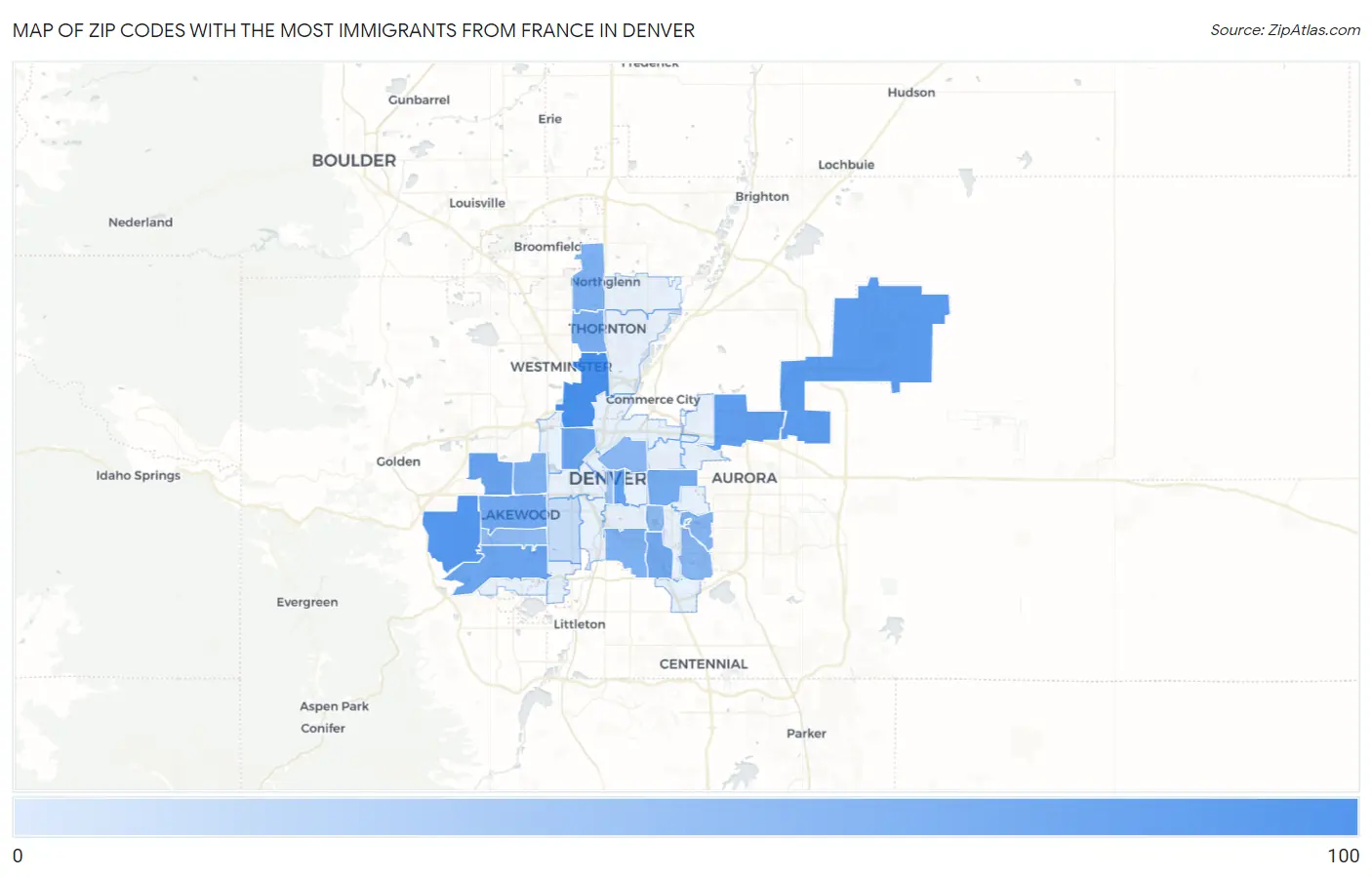 Zip Codes with the Most Immigrants from France in Denver Map