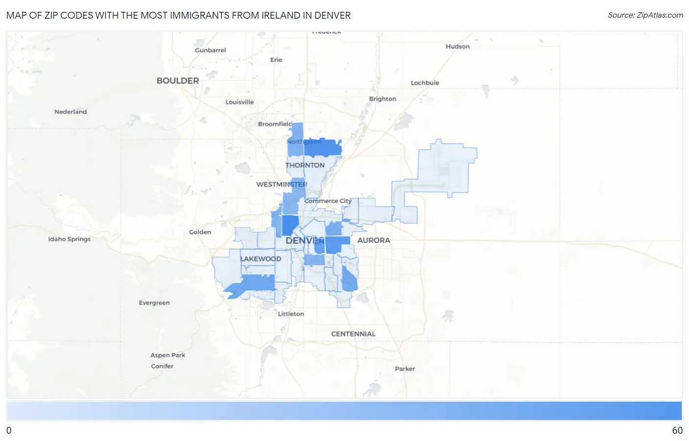 Zip Codes with the Most Immigrants from Ireland in Denver Map