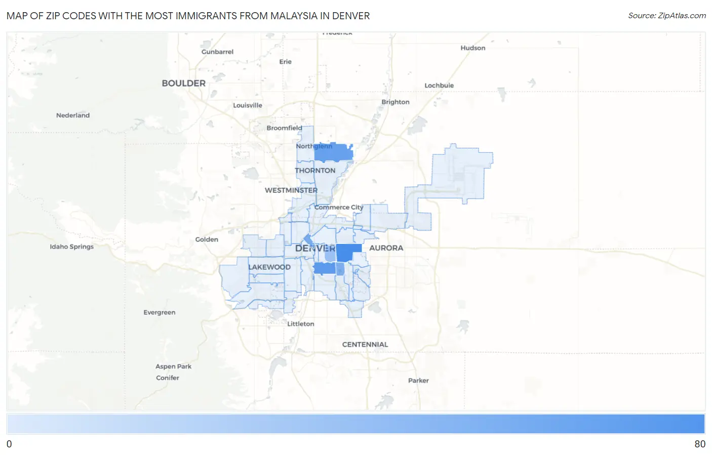 Zip Codes with the Most Immigrants from Malaysia in Denver Map