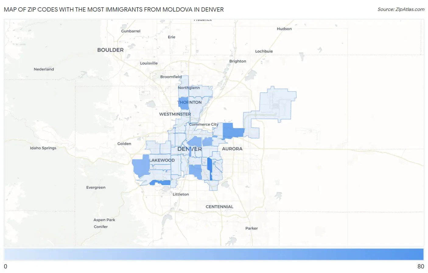Zip Codes with the Most Immigrants from Moldova in Denver Map
