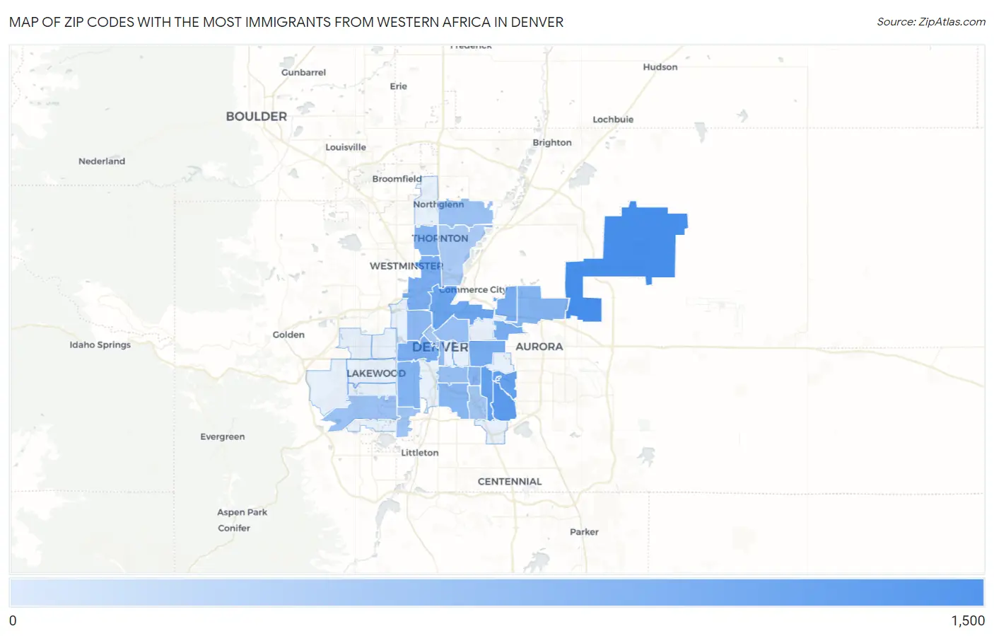Zip Codes with the Most Immigrants from Western Africa in Denver Map