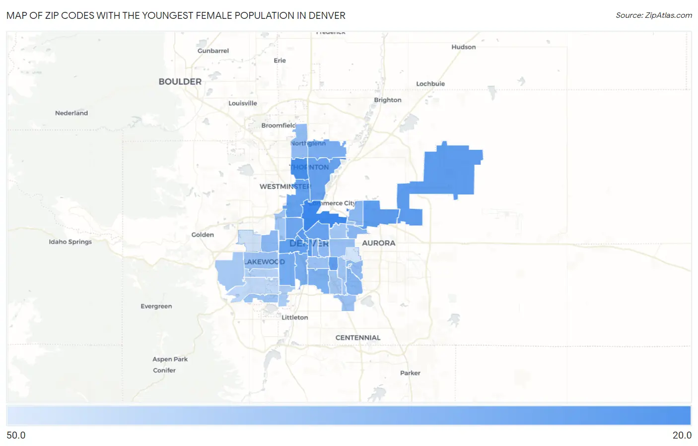Zip Codes with the Youngest Female Population in Denver Map