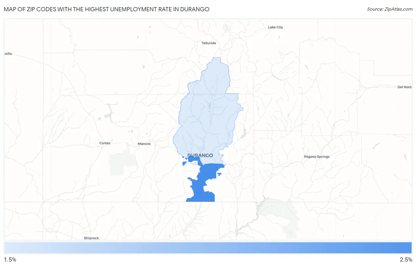 Zip Codes with the Highest Unemployment Rate in Durango Map