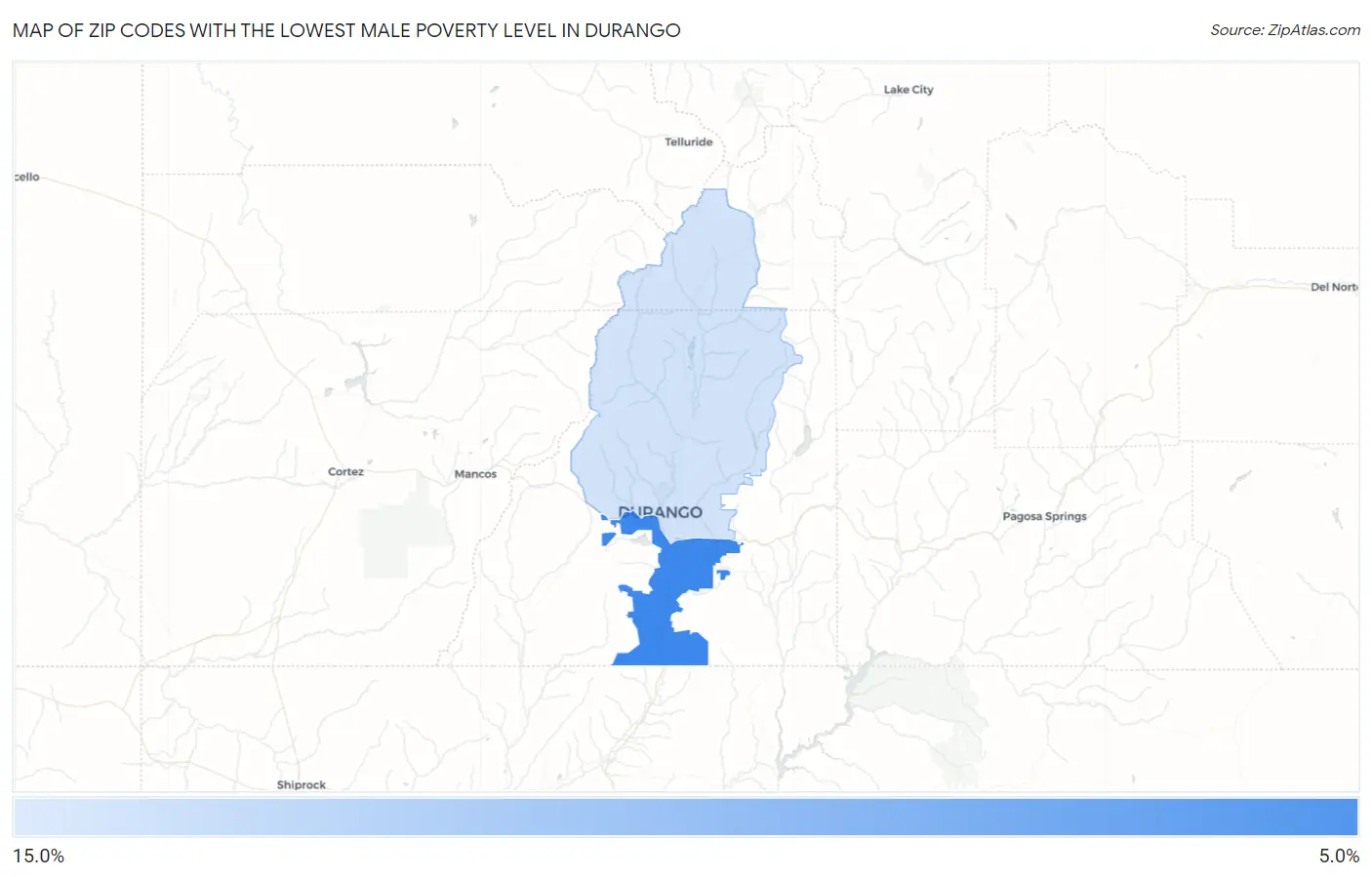 Zip Codes with the Lowest Male Poverty Level in Durango Map
