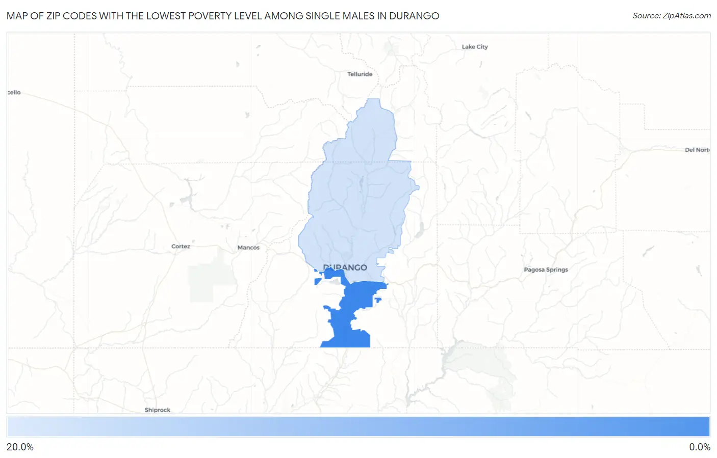 Zip Codes with the Lowest Poverty Level Among Single Males in Durango Map