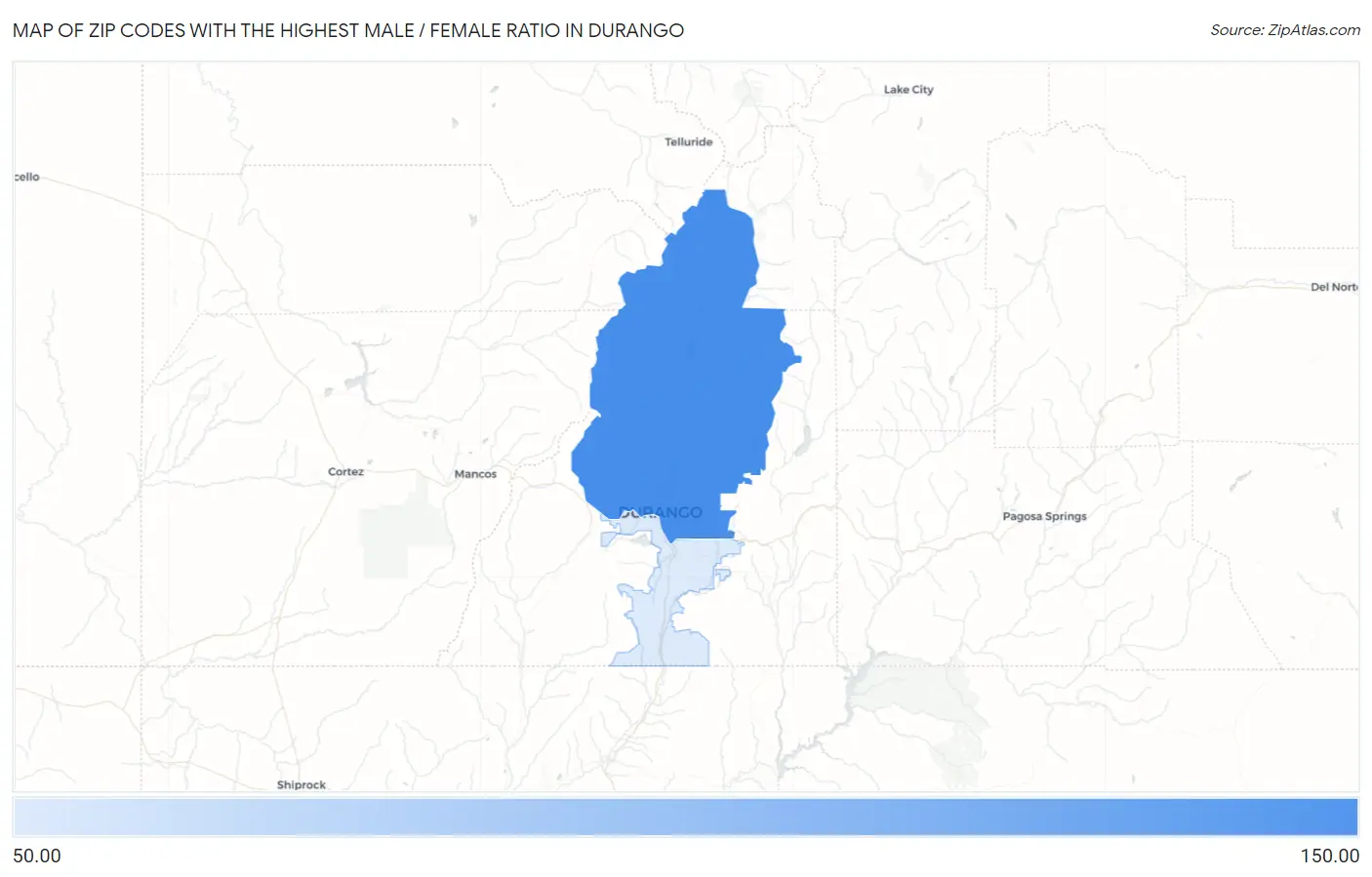 Zip Codes with the Highest Male / Female Ratio in Durango Map