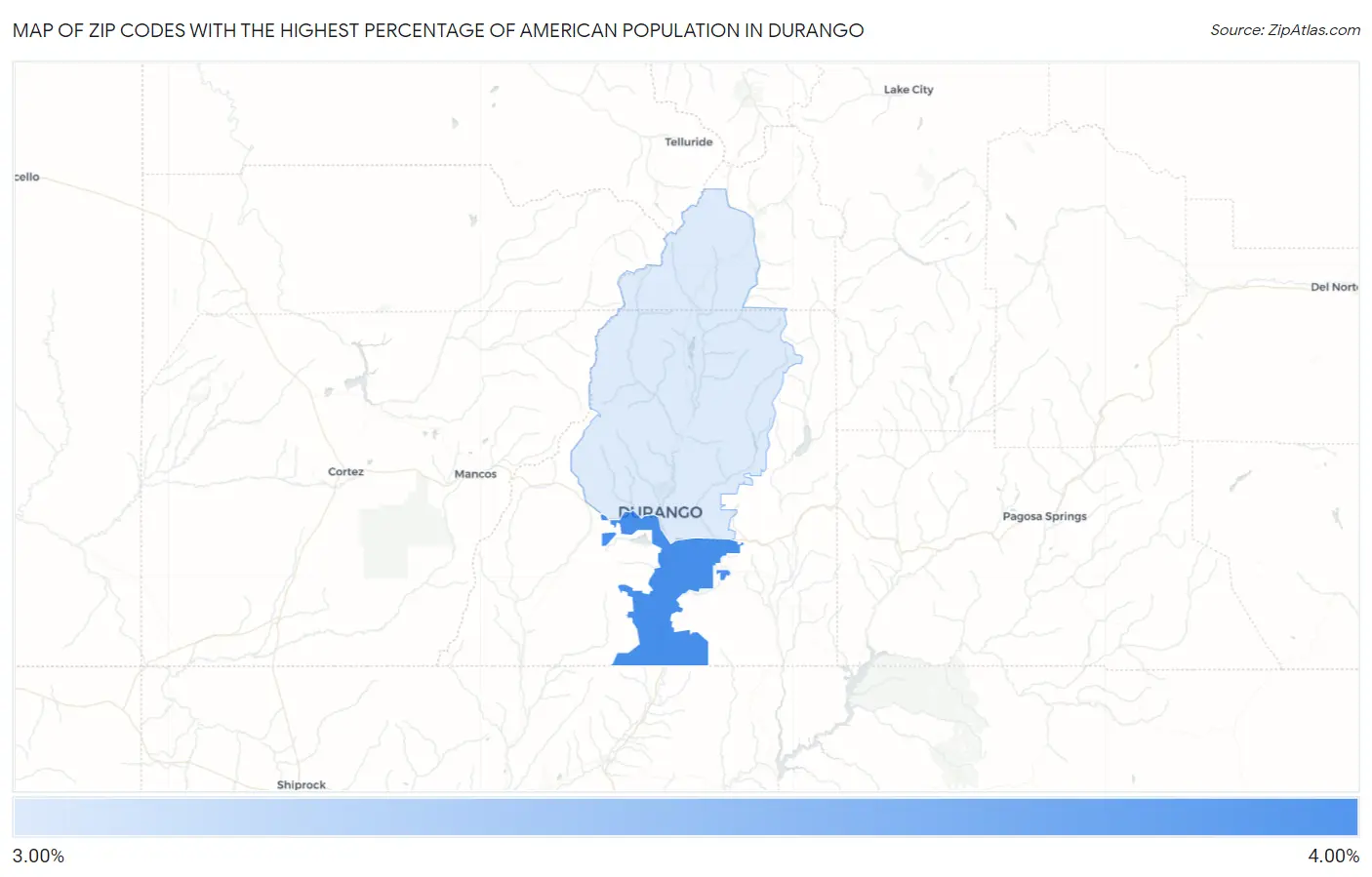 Zip Codes with the Highest Percentage of American Population in Durango Map
