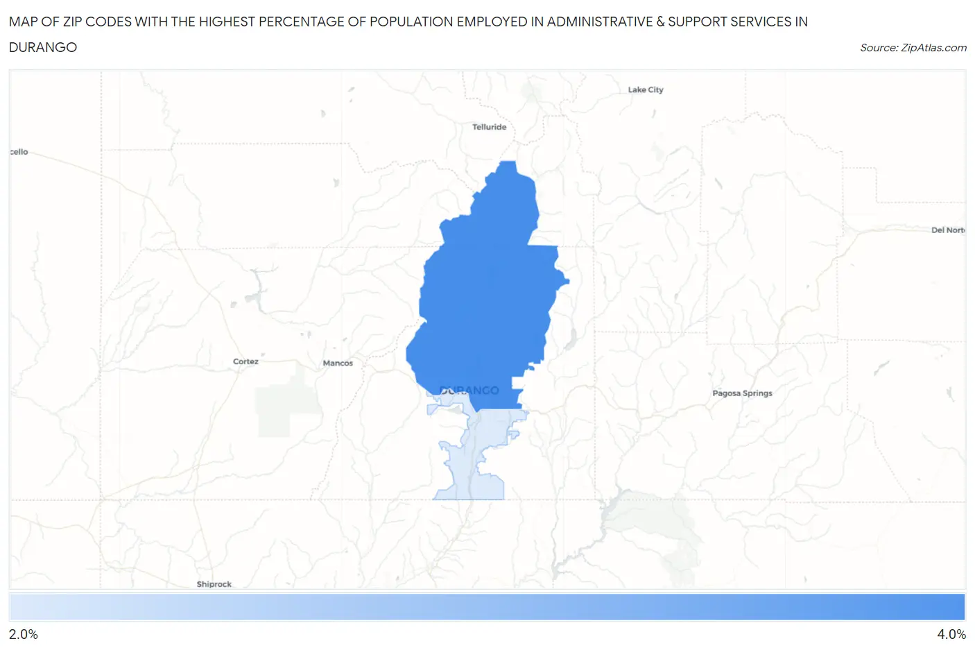 Zip Codes with the Highest Percentage of Population Employed in Administrative & Support Services in Durango Map