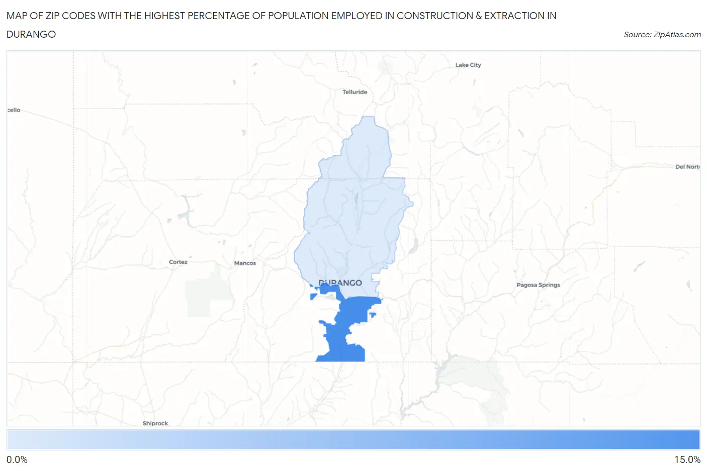 Zip Codes with the Highest Percentage of Population Employed in Construction & Extraction in Durango Map