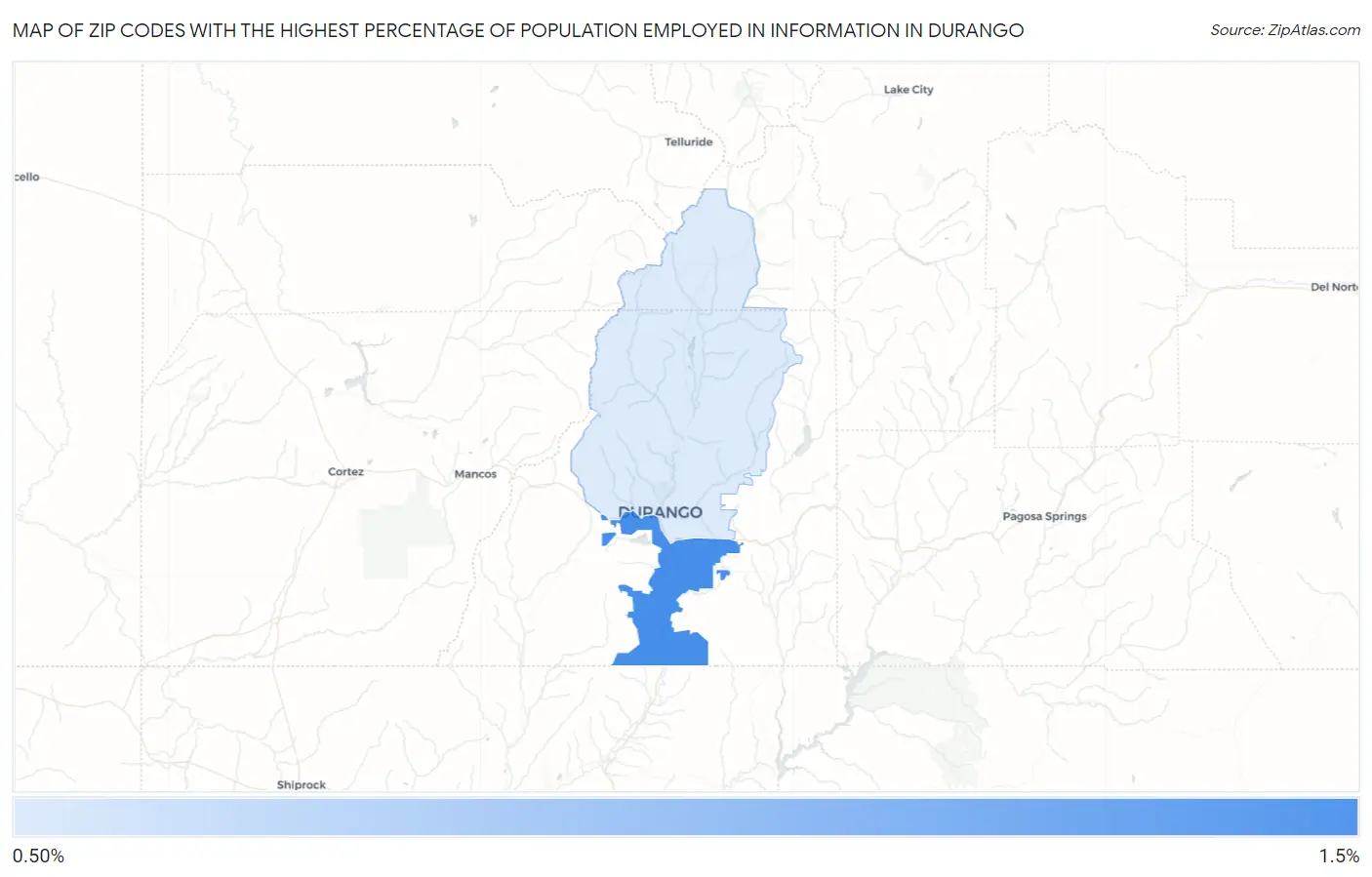 Zip Codes with the Highest Percentage of Population Employed in Information in Durango Map