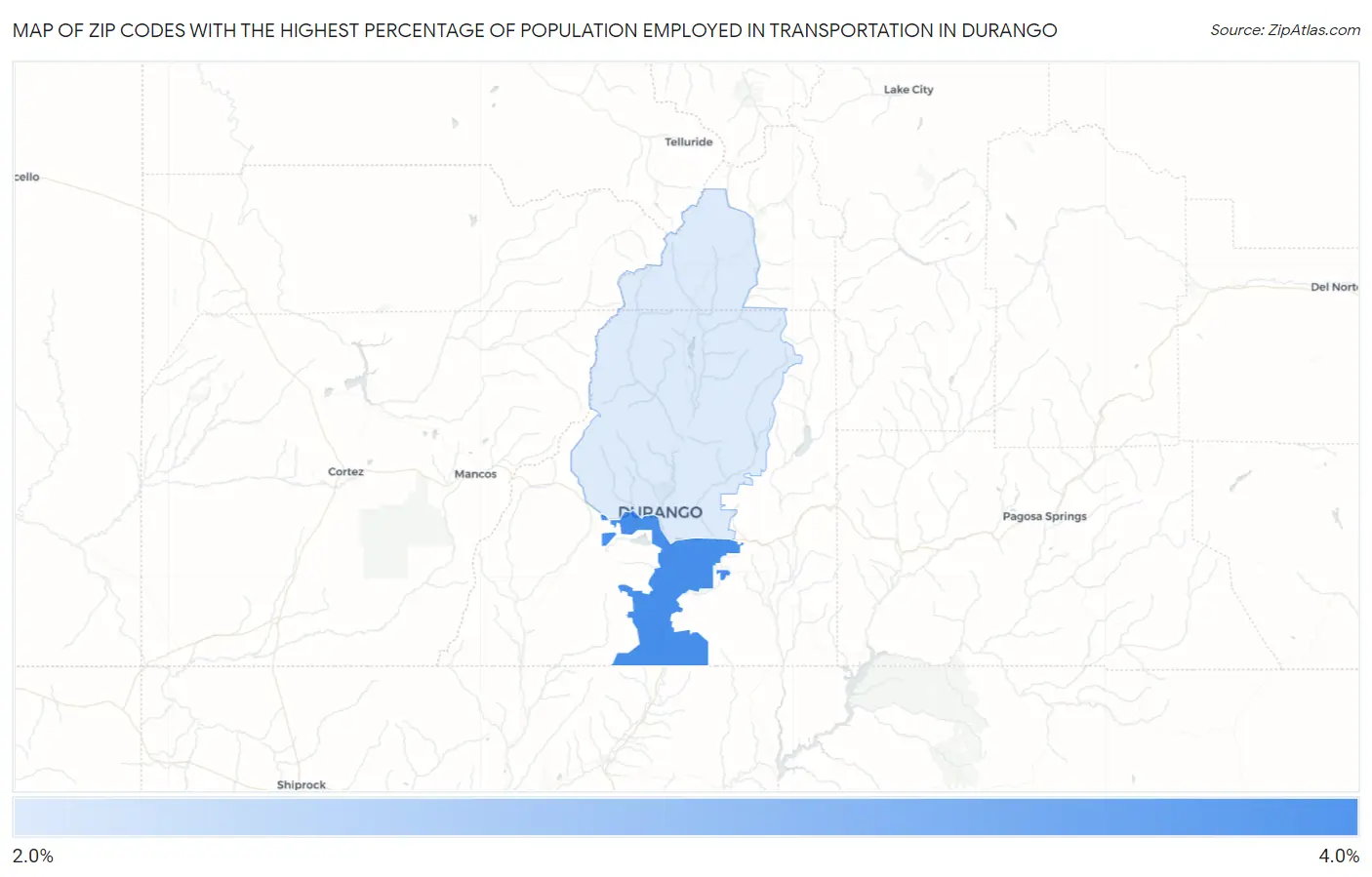 Zip Codes with the Highest Percentage of Population Employed in Transportation in Durango Map