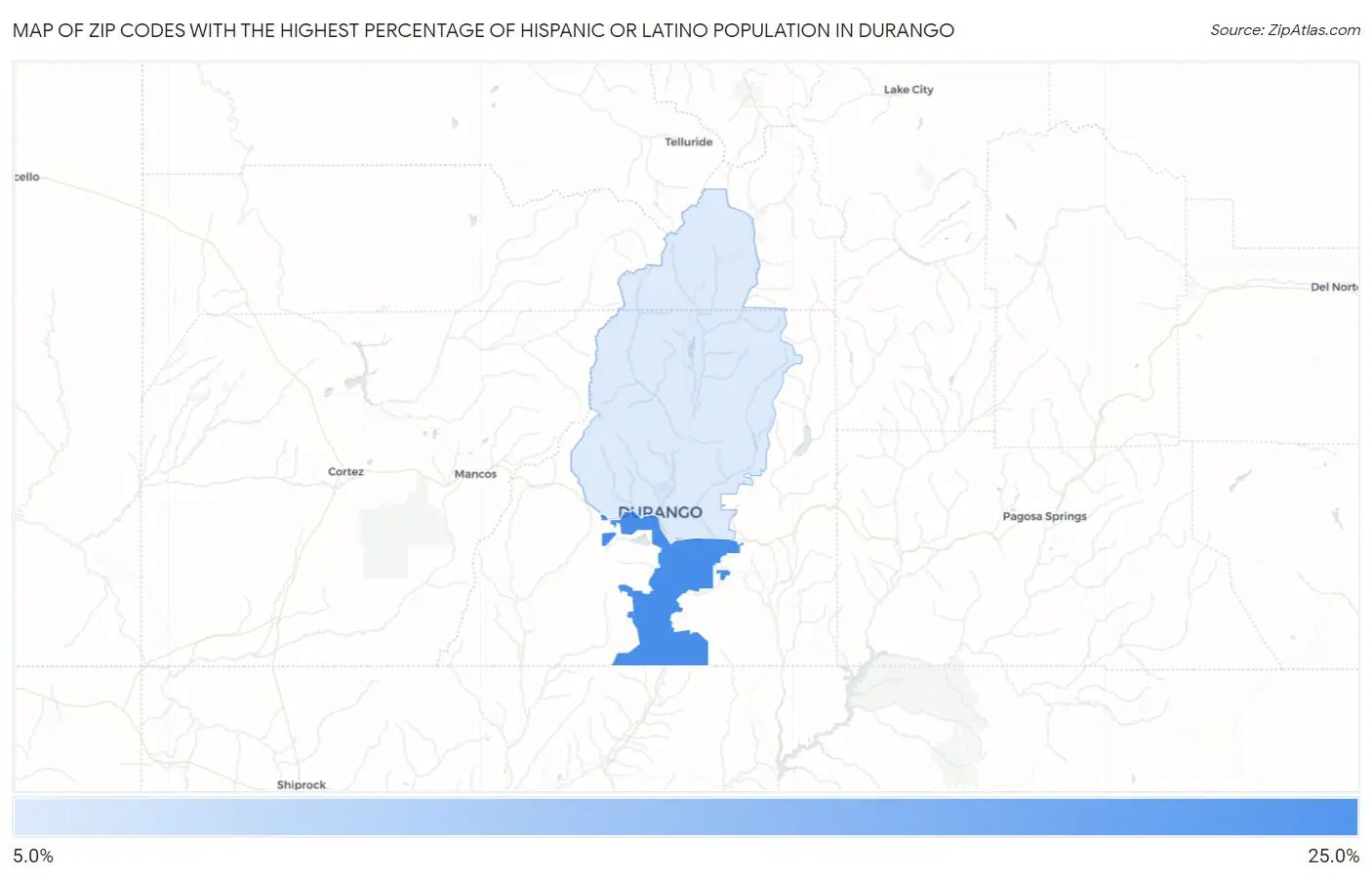 Zip Codes with the Highest Percentage of Hispanic or Latino Population in Durango Map