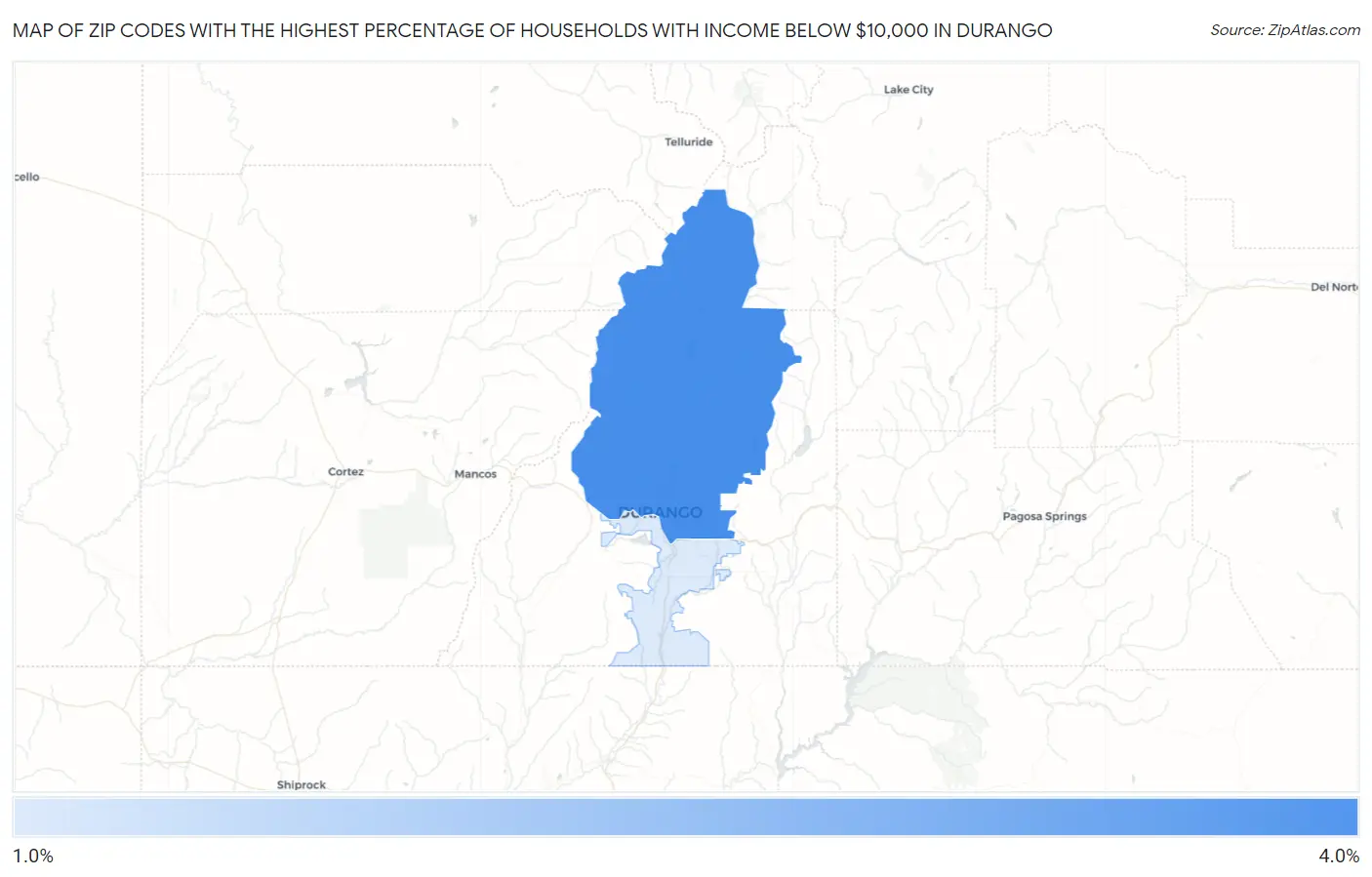Zip Codes with the Highest Percentage of Households with Income Below $10,000 in Durango Map