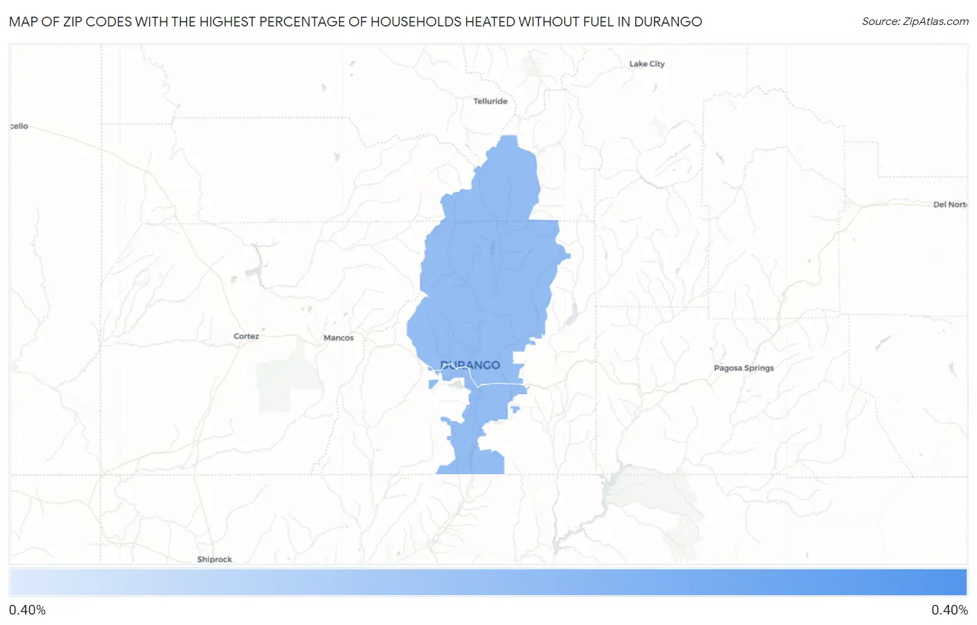 Zip Codes with the Highest Percentage of Households Heated without Fuel in Durango Map