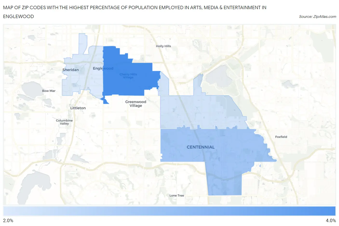 Zip Codes with the Highest Percentage of Population Employed in Arts, Media & Entertainment in Englewood Map