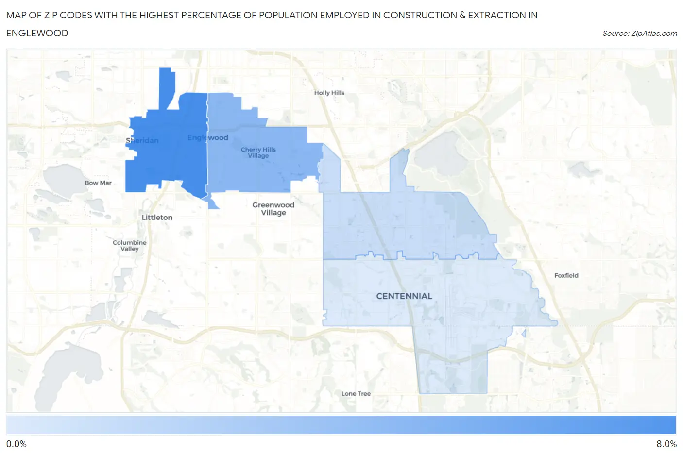 Zip Codes with the Highest Percentage of Population Employed in Construction & Extraction in Englewood Map