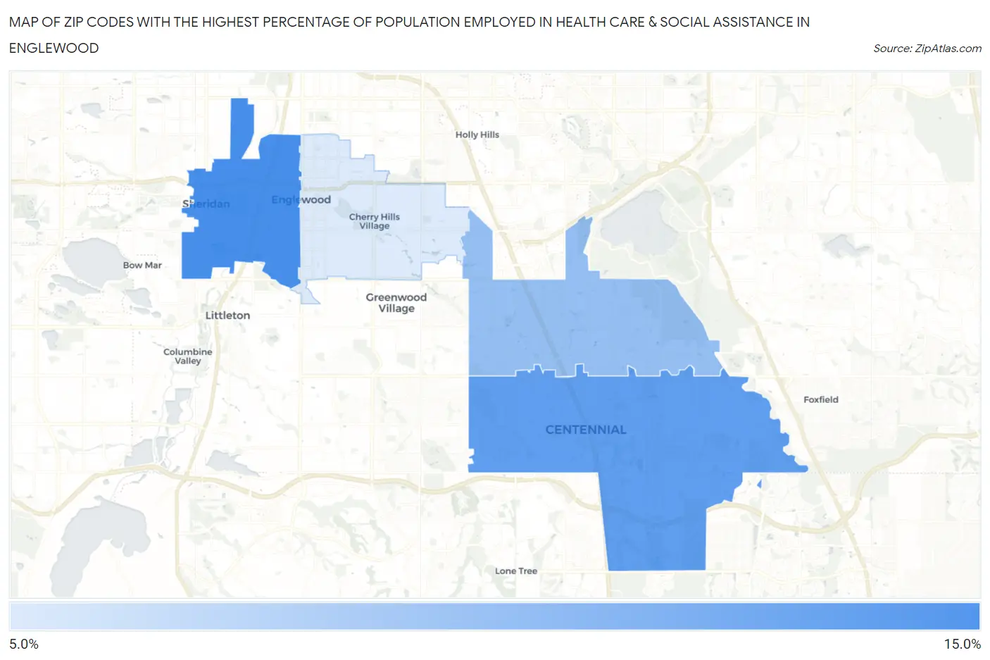 Zip Codes with the Highest Percentage of Population Employed in Health Care & Social Assistance in Englewood Map