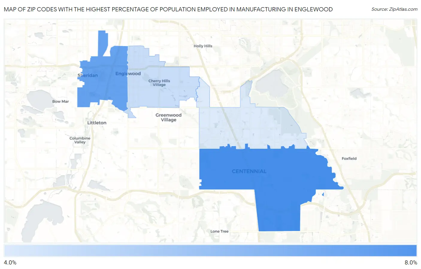 Zip Codes with the Highest Percentage of Population Employed in Manufacturing in Englewood Map